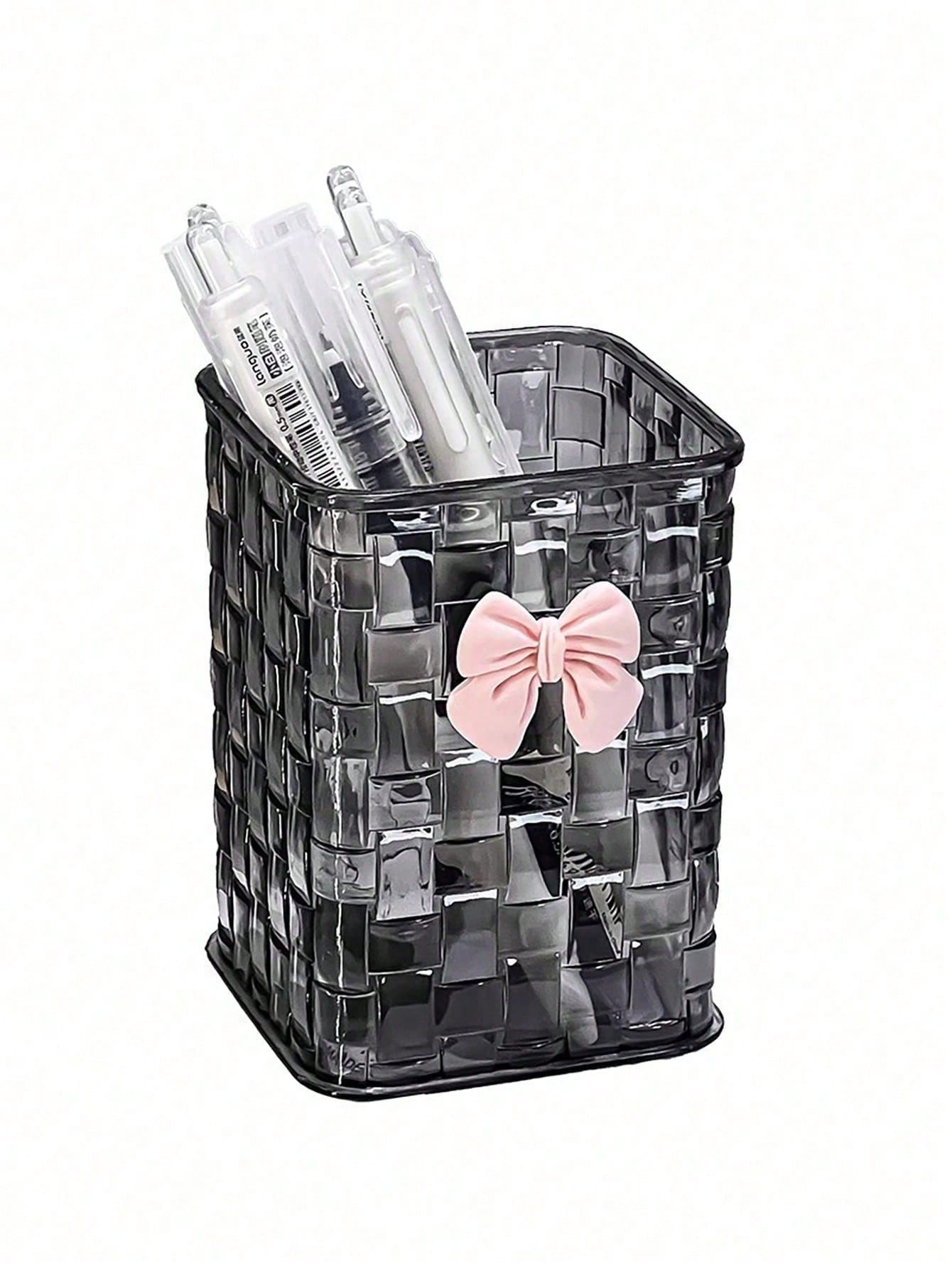 

1pc Transparent Desktop Storage Box With Decorative Pink Bow,Pen Holder Cosmetic storage,Ideal For Back To School Supplies темно-сірий