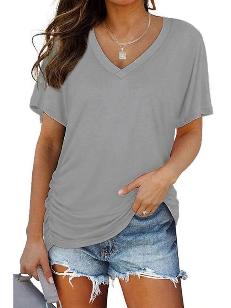 Damen Freizeit Kurzarm Einfarbig V-Ausschnitt T-Shirt Sommer Oberteil Kleidung