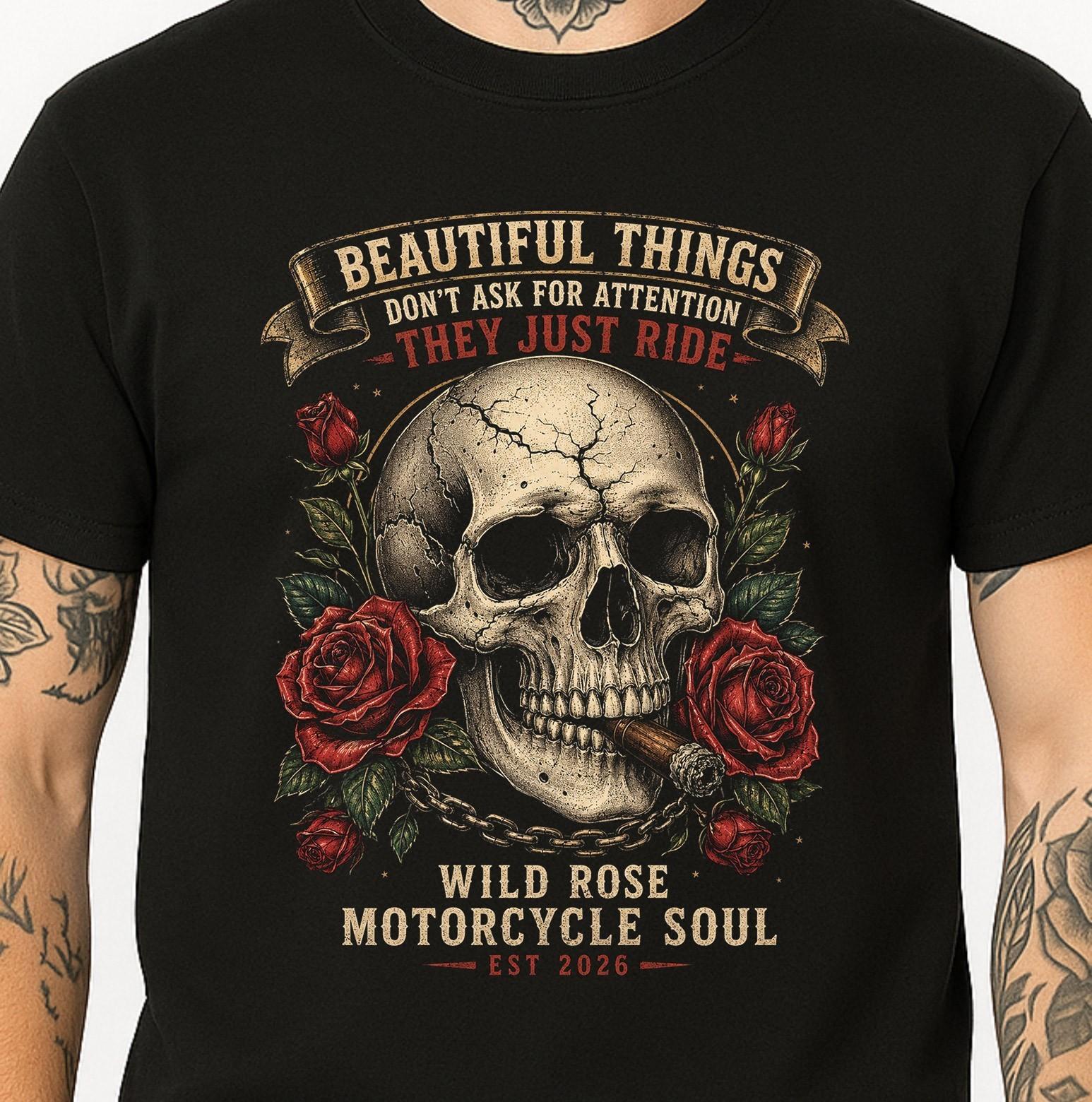 Skull Roses Biker T-Shirt They Just Ride Wild Rose Motorcycle Soul Gothic Tee. L