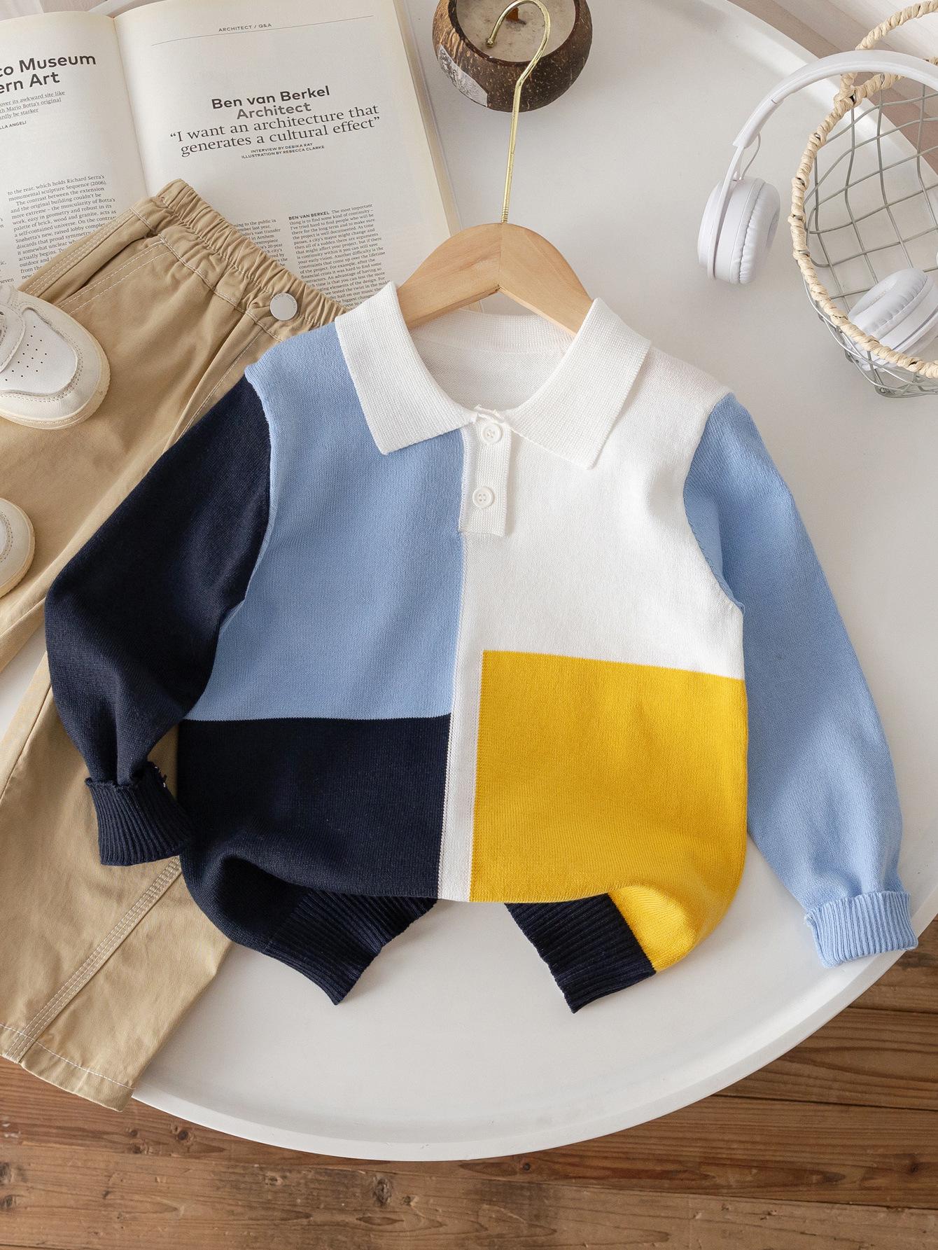 

Autumn 2025 Boys Korean Style Color Block Lapel Polo Shirt – Trendy and Versatile Sweater for Kids 120 cm
