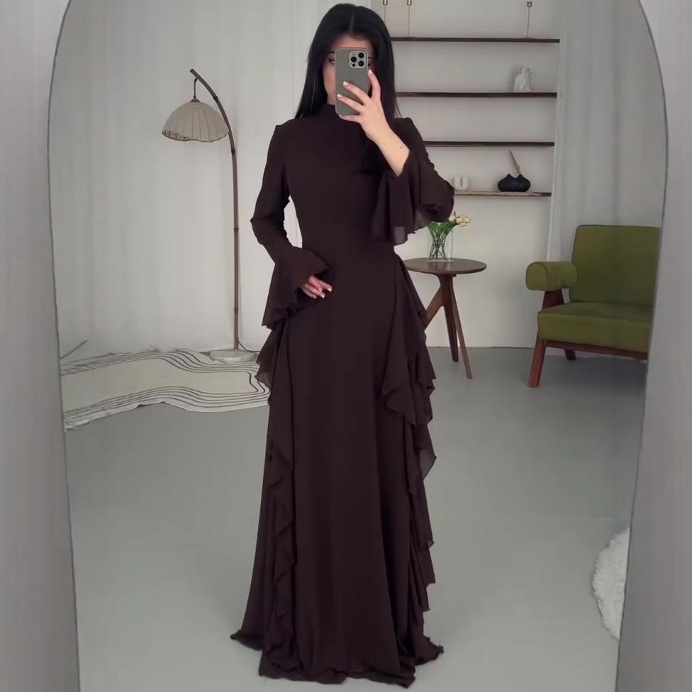 

2025 Осіннє Жіноче Однотонне Елегантне Плаття з Воланами, що Підкреслює Талію XL каштановий