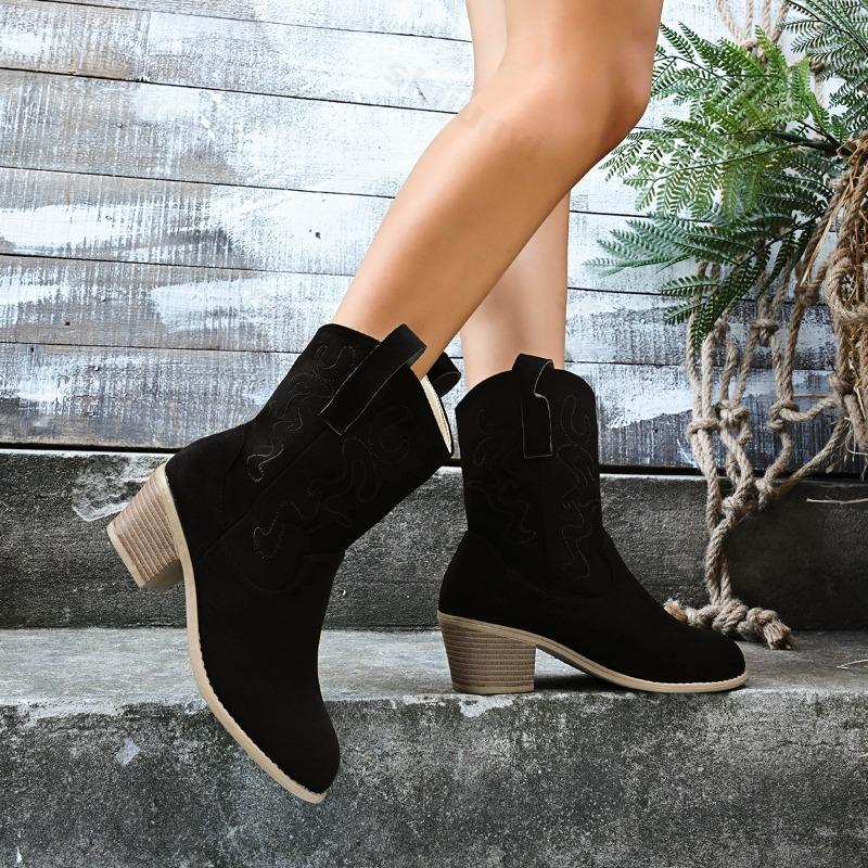 Large Size Women's Shoes Autumn New Vintage Comfort Pointed Toe Cowboy Boots Height Increase Non Slip Chunky Heel Mid-calf Boots