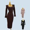 Withdraw from Cupboard Square Collar Knitting Dress Female Autumn and Winter Slimming Silm Base Sweater Dress Mid Length Long Length Elegant Hip Skirt