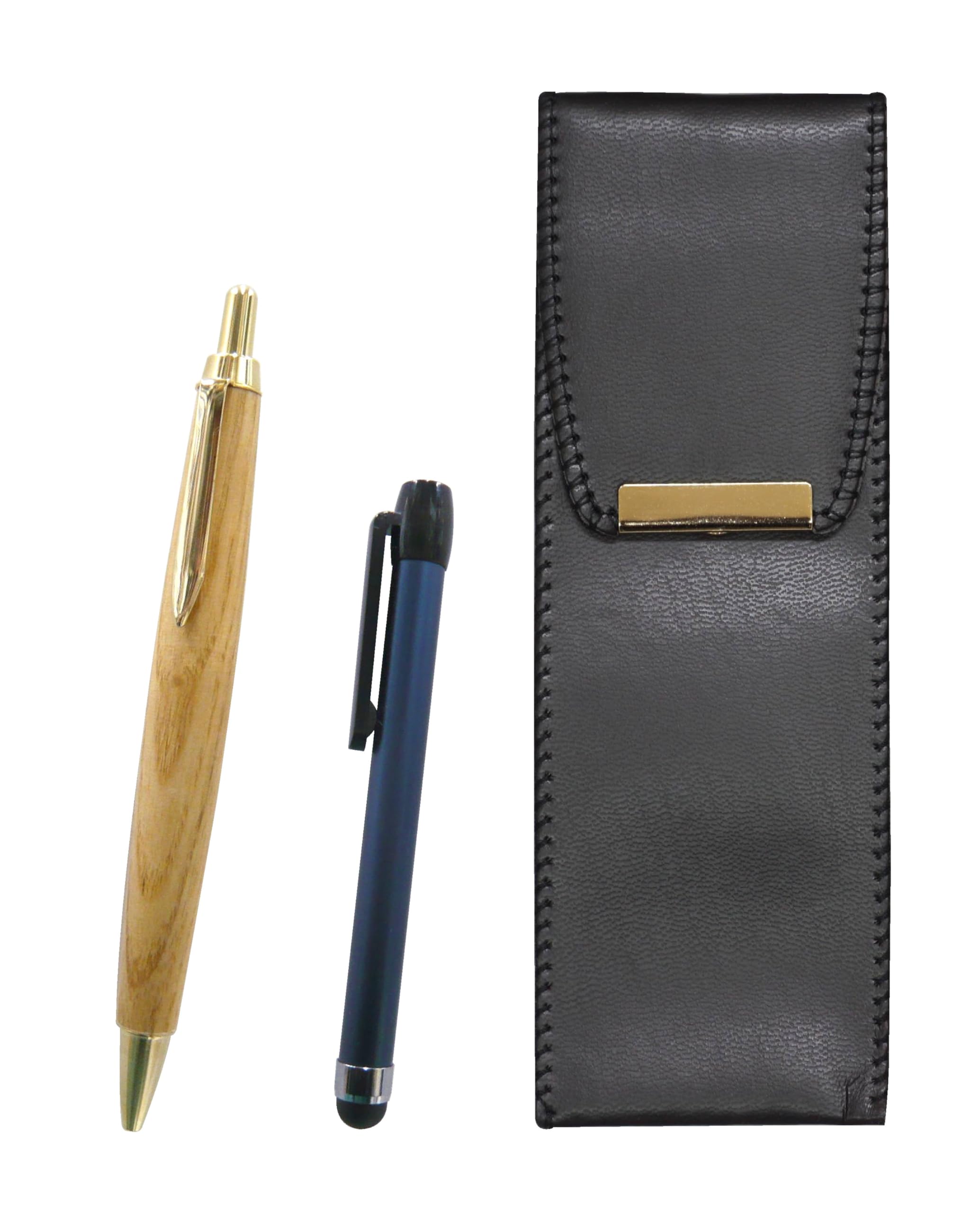 

2 Pack Eco Leather Pen Case Metal Touch Stick Blue and Maple Wooden Shaft Retro Ballpoint Pen Set BR-ALL-HS47S-2