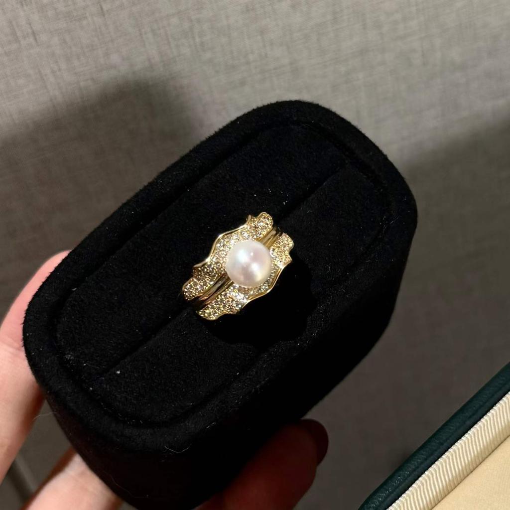 Super Beautiful Leaf Skirt Edge Ring Paired with 8-9mm Natural Freshwater Bread and Real Pearl Ring As a Bride's Souvenir Gift