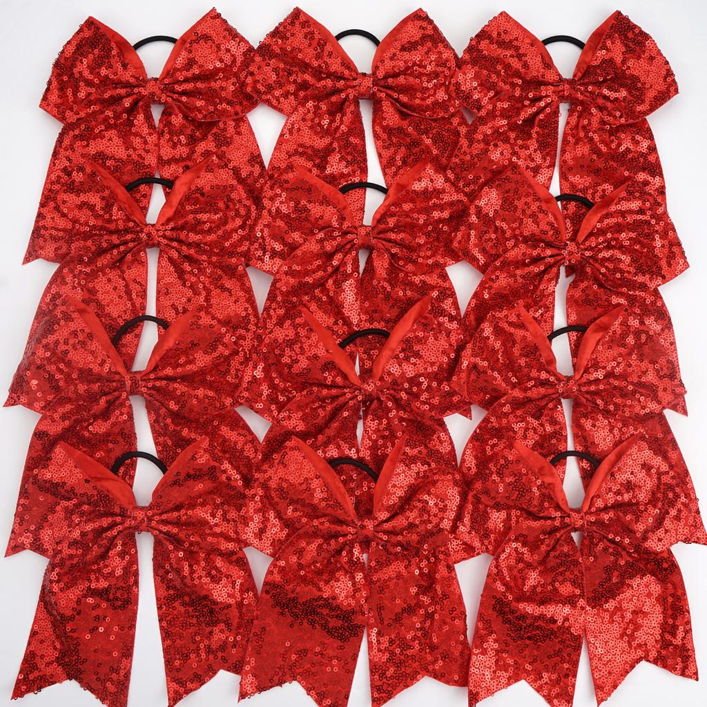 12Pcs 7.5' Bling Sparkly Glitter Sequins Pigtail Bows for Kid Girls Large Cheerleading Bows Ponytail Holder Elastic Hair Ties