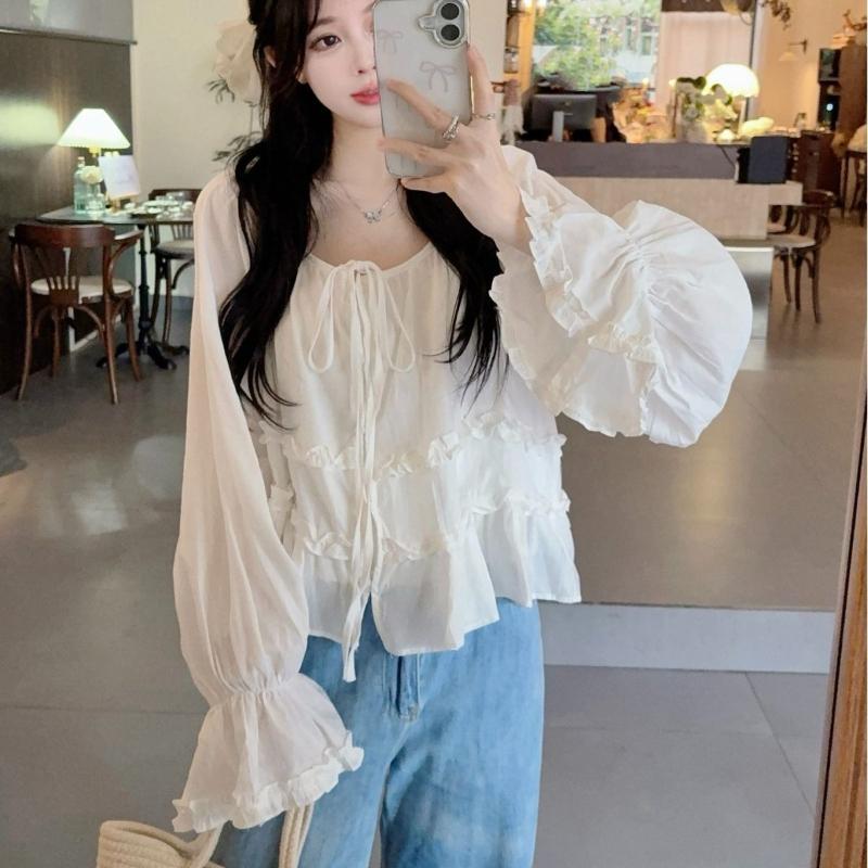 Solid Color Women's Shirt Round Neck Bow Tie Ruffles Edge Lantern Long Sleeved French Style Summer New Version Loose Sweet Women's Top