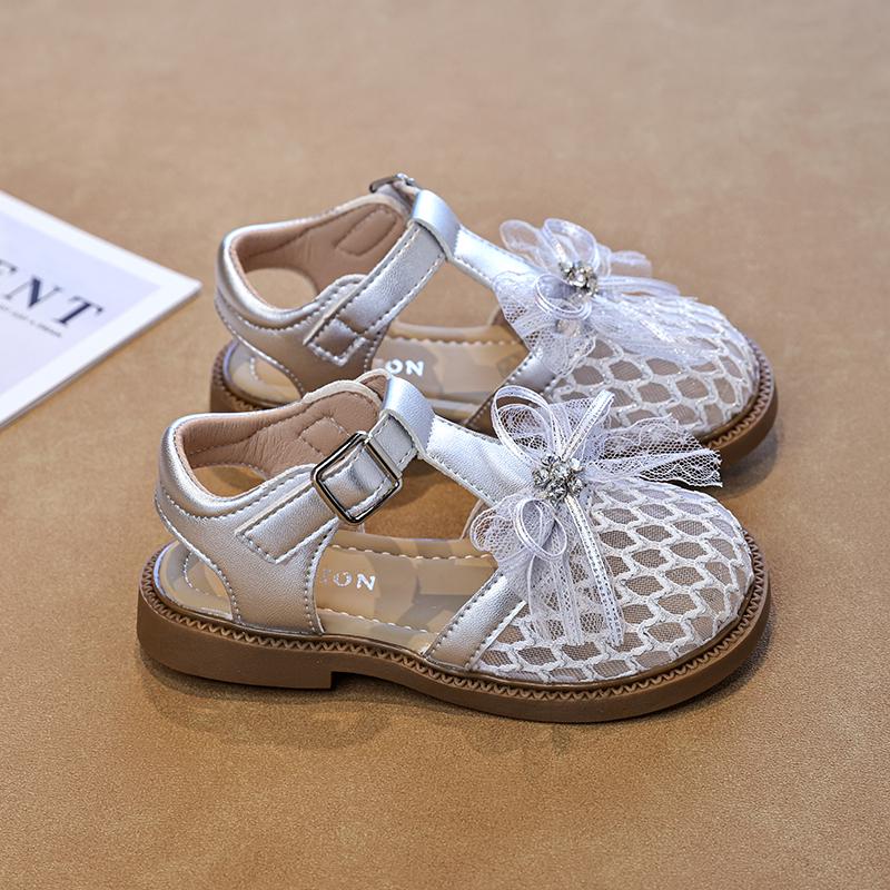 

Summer Girls Princess Sandals Mesh Rhinestone Children Flat Shoes T-strap Breathable Outdoor Kids School Beach Sandals 25