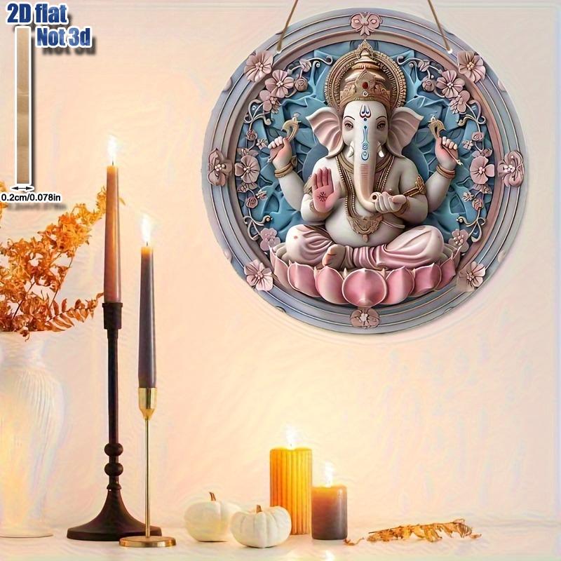 2D Flat Surface Indian Sacred Wood Hanging Sign- Auspicious Deity Wall Art, Exquisite Floral Design, Round Wood Plaque, Used for Home and Office