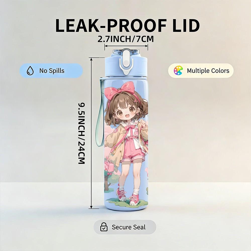 1PC Pink Dress Girl Bow Hair Decor Pattern 750ml Color Plastic Sports Water Bottle Leakproof Flip Straw Lid Suitable for Sports Office Home Use