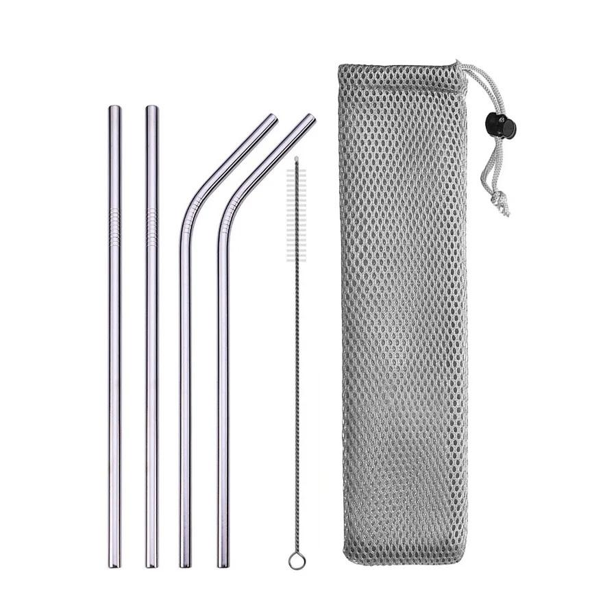 Reusable Drinking Straw 304 Stainless Steel Straws Straight Bent Metal Straw with Cleaner Brush Pouch Wholesale
