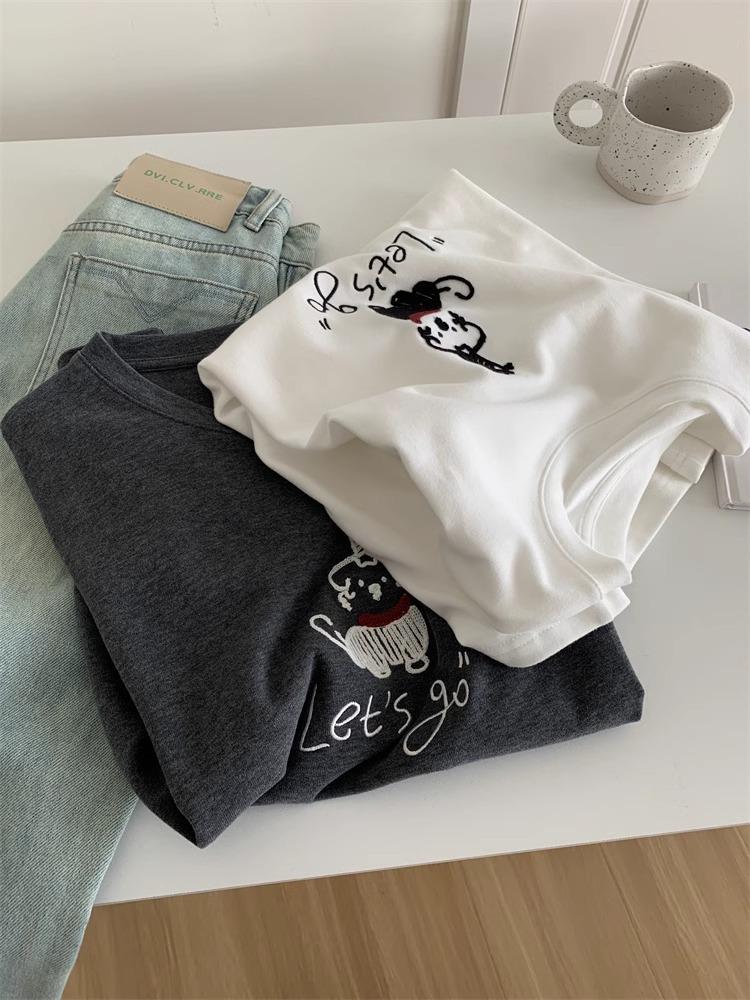 Graues besticktes Welpen Damen Casual Locker Kurzarm T-Shirt, Frühjahr 2025 Kollektion