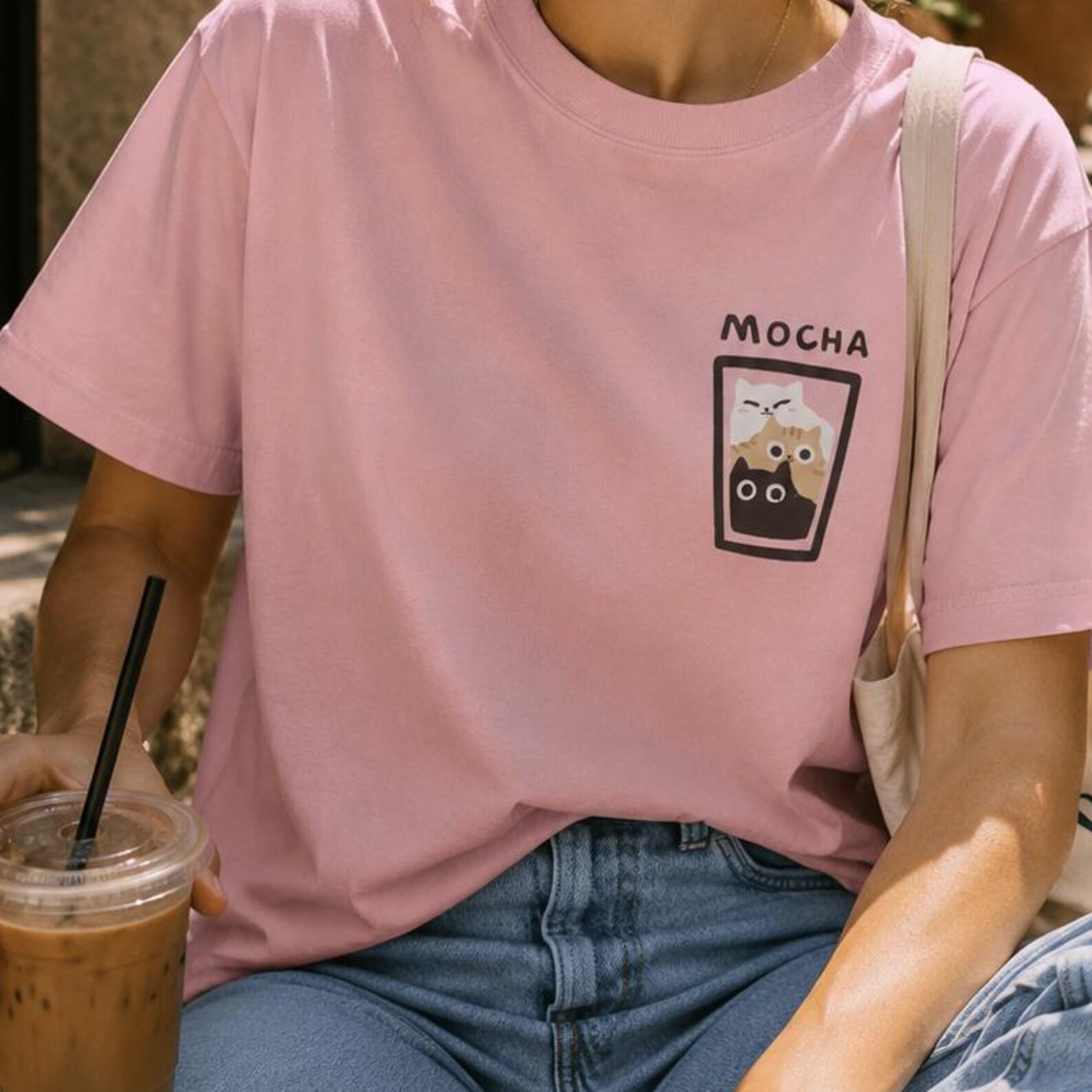 Mocha Boba Cup T-shirt | Cute Coffee Cat Bubble Tea Graphic Tee L