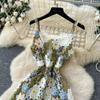 High-end dress female light luxury socialite heavy industry color hollow crochet lace suspender waist dress summer