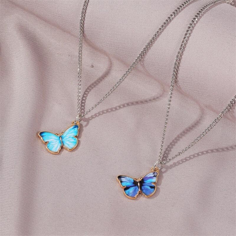Blue Purple Butterfly Necklace for Women Trendy Simple Dangle Clavicle Chain Metal Necklaces Bracelets Jewelry Gifts