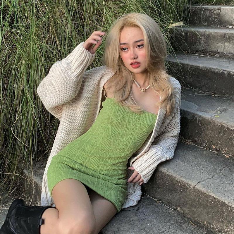 WTEMPO Brand French Avocado Green Knitted Suspender Skirt Slim Slim Waist Wrap Hip Skirt Diamond Check Khaki Retro Dresses