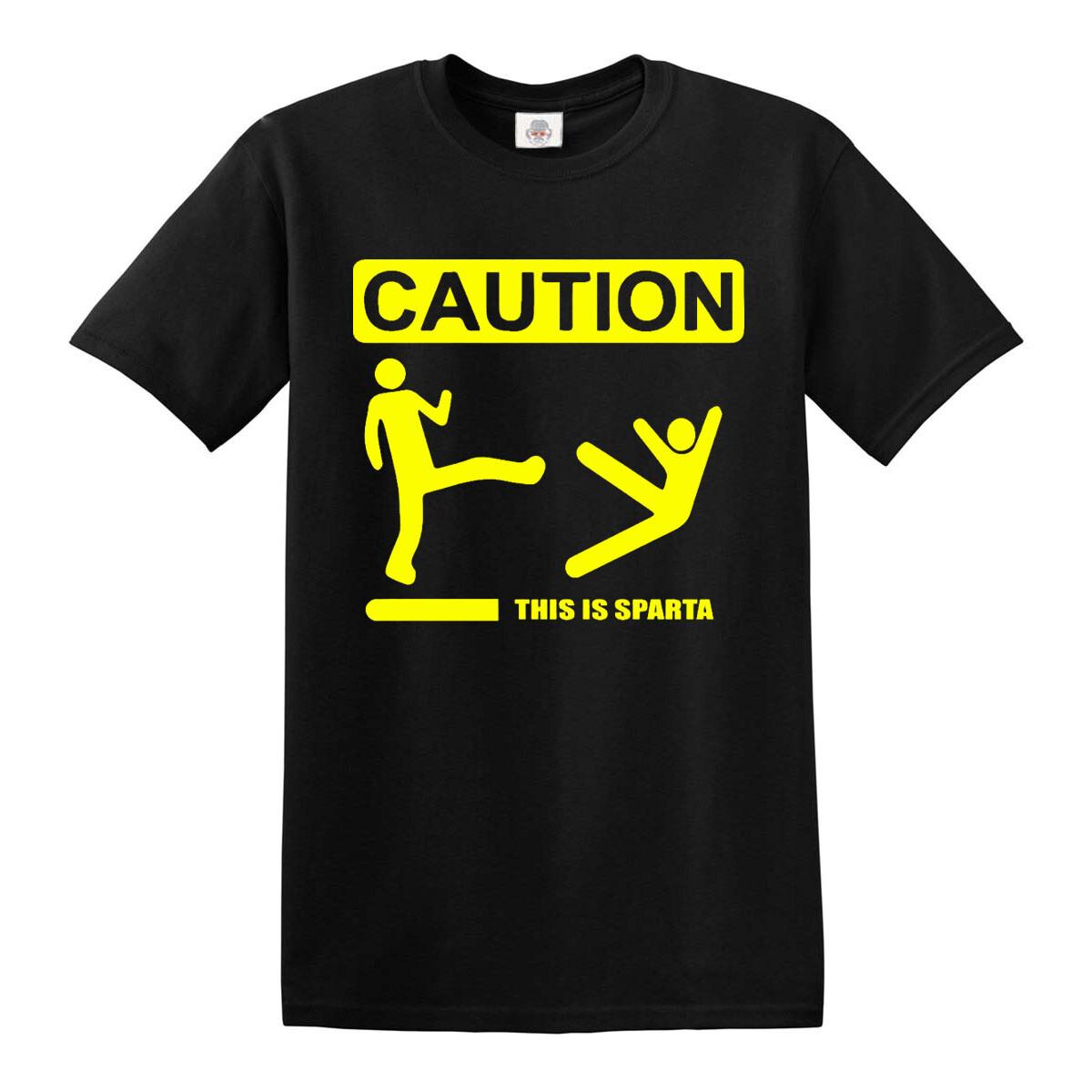Caution This is Sparta T-Shirt Yellow Funny Joke Gift Meme Movie Spoof Top S