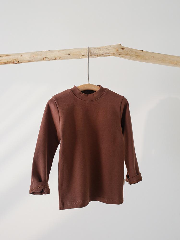 Kids' 2025 Unisex Long Sleeve Stand-up Collar Base Layer T-Shirt - Spring/Autumn Style, Cotton, Solid Color