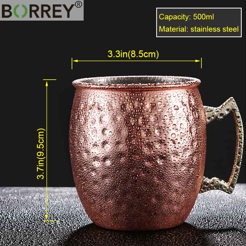 BORREY Stainless Steel Coffee Mug Tea Cup Moscow Mule Copper Mugs Hammered Copper Plated Beer Cocktail Mug Bar Bartender Tools
