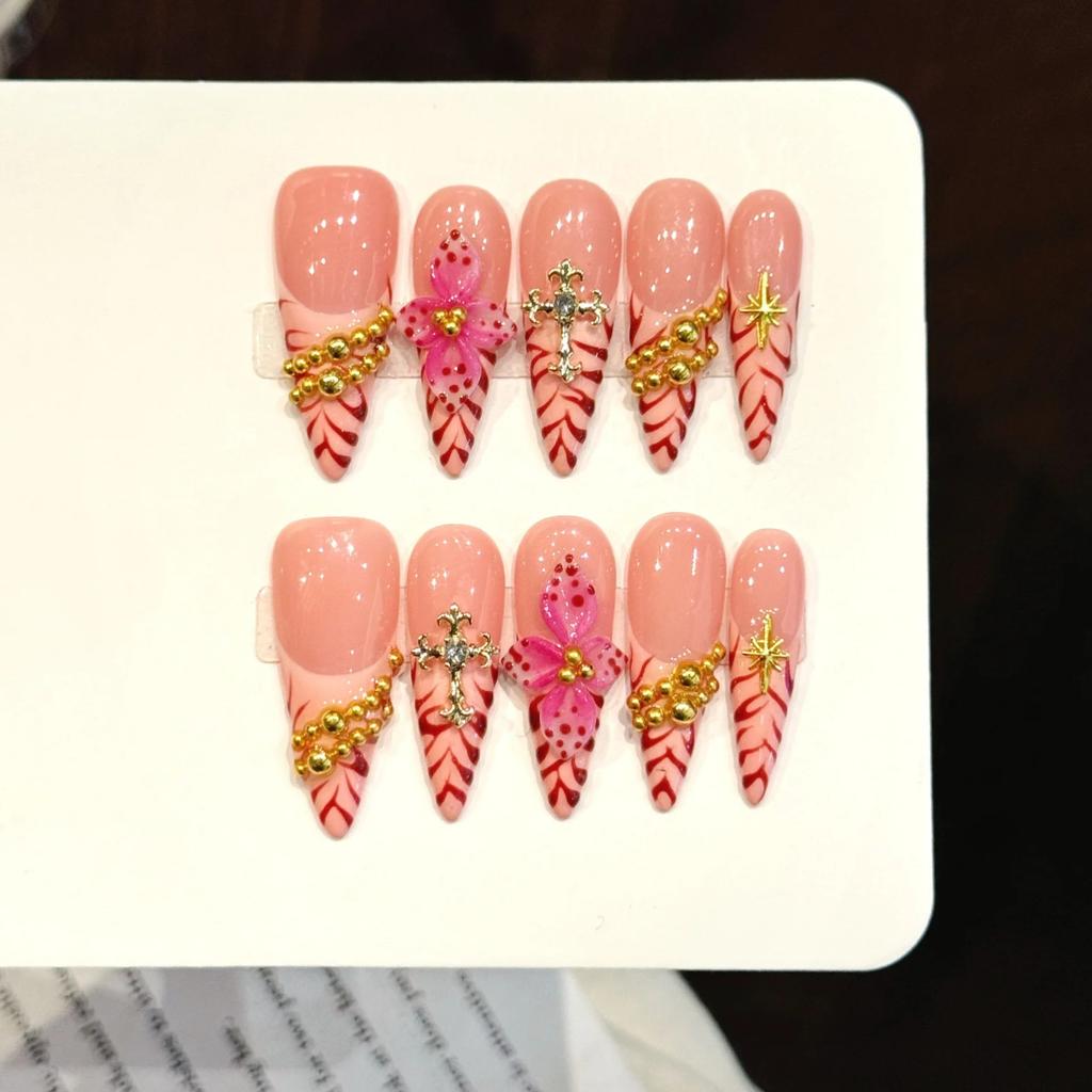 10Pcs French Stiletto Handmade 3D Flower Press On Nails Reusable Fake Nails Stick On Manicure Tips