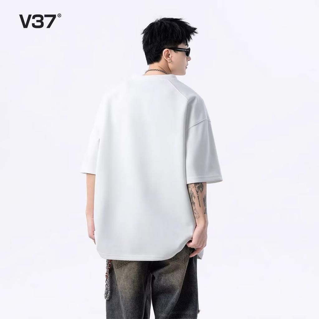 2025Summer Korean Style Loose Round Neck Textured Short Sleeve Padded Shoulder Simple Solid Color Half Sleeve Unisex Trendy Basic Base Shirt t