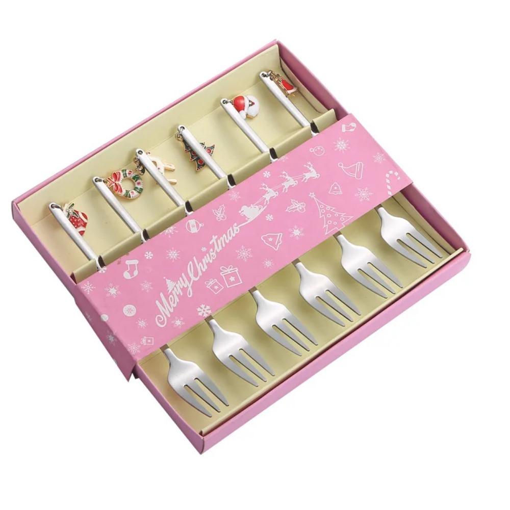 6PCS Christmas Spoons Coffee Cutlery Set Stainless Steel Cutlery Set Dessert Spoon Forks Christmas Gifts Elk Christmas Decoratio