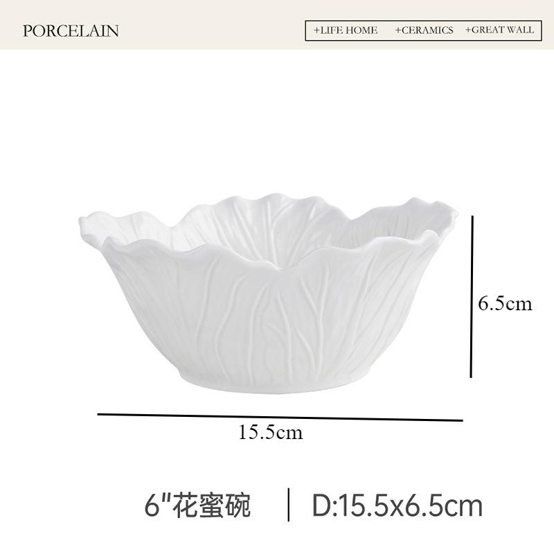 Ceramic Flower Deep Bowl Pure White Oat Breakfast Bowls Fruit Plate Salad Bowl Yogurt Cup Soup Bowls Dining Plate Pasta Dish