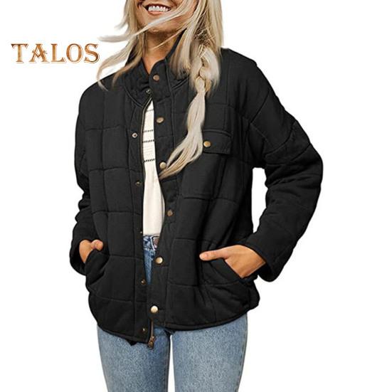 Lady Winter Coat Stand Collar Neck Protection Padded Thick Solid Color Long Sleeves Chest Pocket Button-down Cardigan Daily Commute Travel Jacket