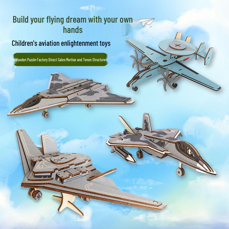 Wooden 3D DIY Military Fighter Plane Puzzle for Kids