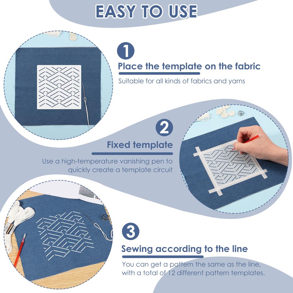 12Pcs Sashiko Stencils Kit Complete Sashiko Thread and Needles Thimble Set Denim Fabric Embroidery Kit for Beginners Quilting