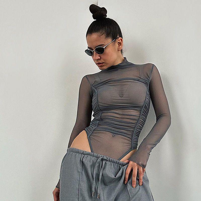 Women's Mesh See-Through Long-Sleeved Bodysuit - Chic High-Waisted Slim Fit Top