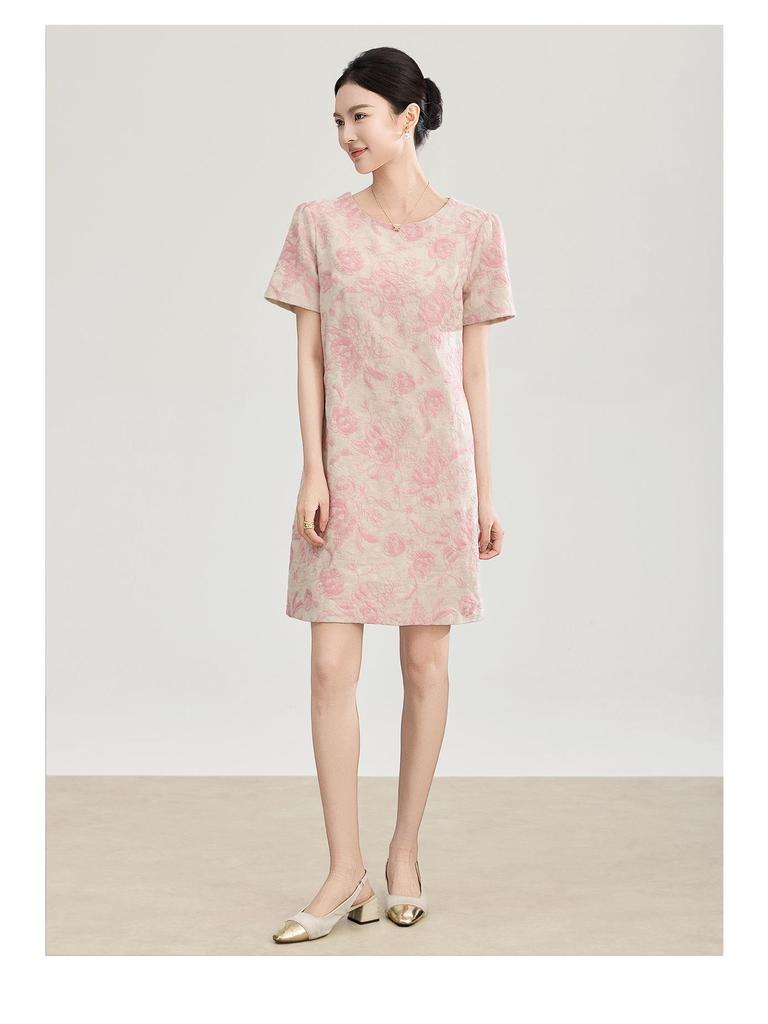 Nanyou Elegant Embroidered Jacquard Linen A-line Dress with Waist-cinching Short Sleeves for Spring/Summer Style