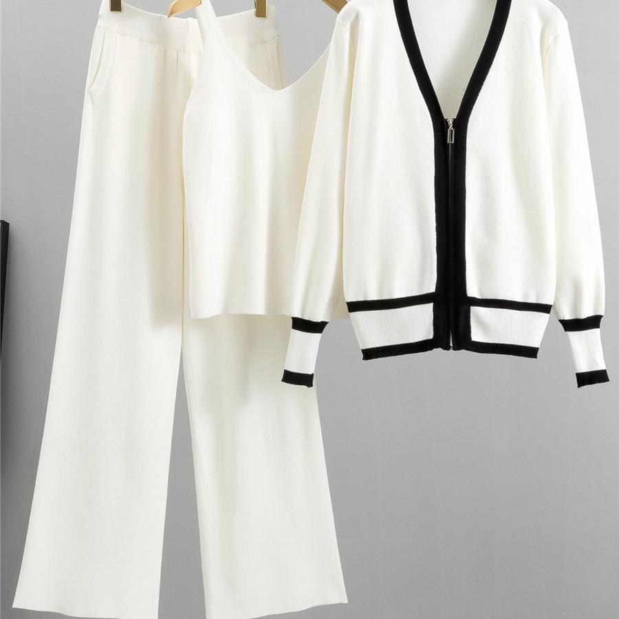 European Trend Women's Three-Piece Set: Knit Cardigan, Camisole, and Wide-Leg Pants