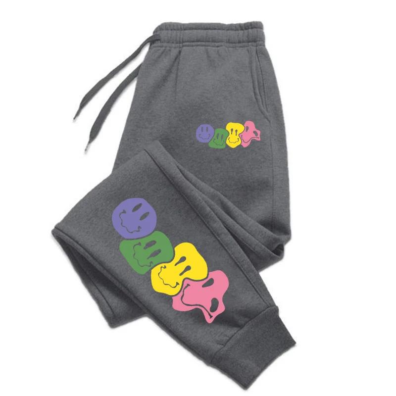 Cute Smiling Face Printed Versatile Comfortable Women Long Pant Fitness Jogging Trousers Drawstring Pockets Sweatpants