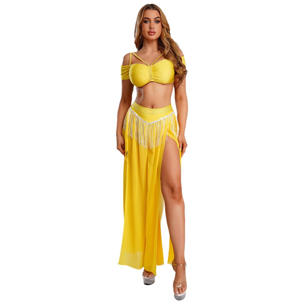 Womens Chiffon Wide Leg Pants Sequins Tassel Slit Belly Dance Culottes Cold Shoulder Crop Top Rhinestone Waist Set