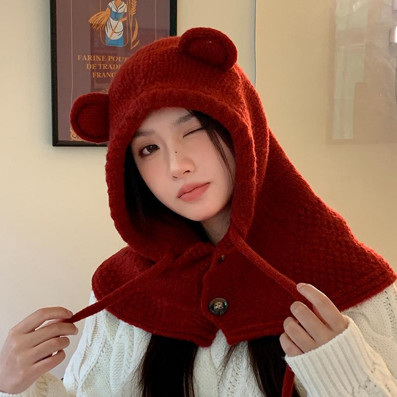 Sweet and Cute Bear Ear Wool Hat In Autumn and Winter Thickened Warm Scarf Integrated Hat Outdoor Cold Ear Protection Hat