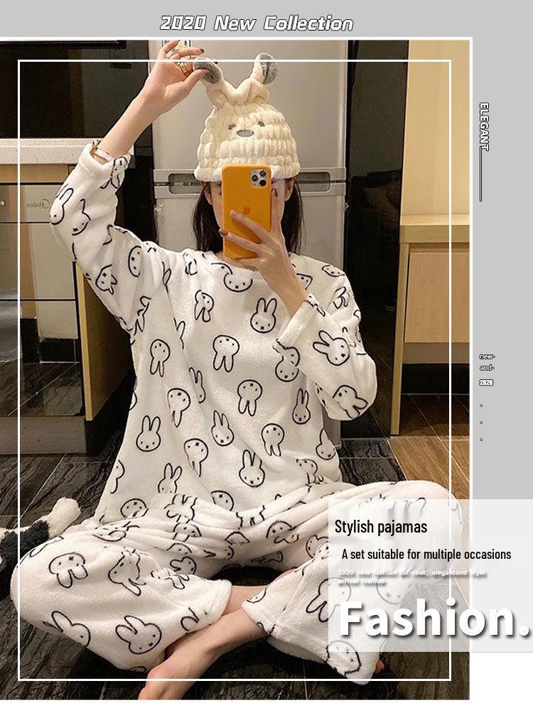 Damska Urocza Zimowa Piżama z Polaru Koralowego - Gruby Aksamitny Flanelowy Zestaw z Długim Rękawem