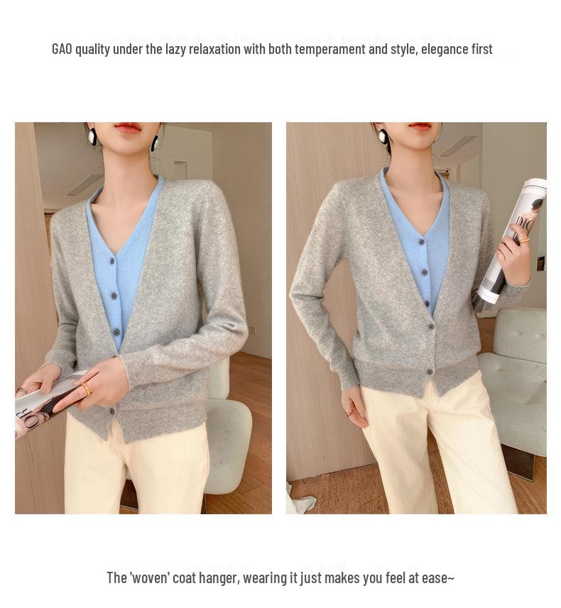 2025 V-neck Button-up Cashmere Knit Cardigan - Korean Style, Loose Fit, Slimming, Fake Two-piece Jacket for Women