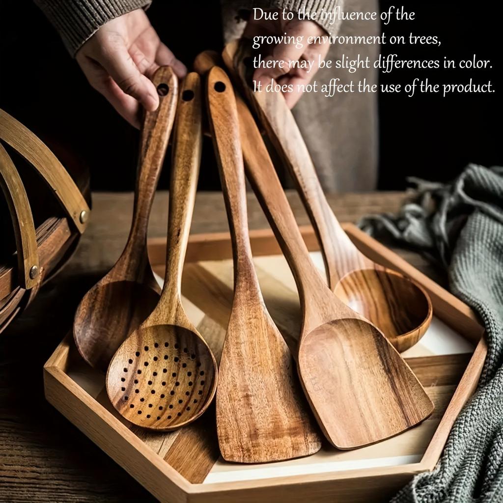 5pcs Wooden Kitchen Utensils Set, Wooden Spoons Natural Spurtle Set for Non-stick Pan, Kitchen Ladle and Wok Spatulas
