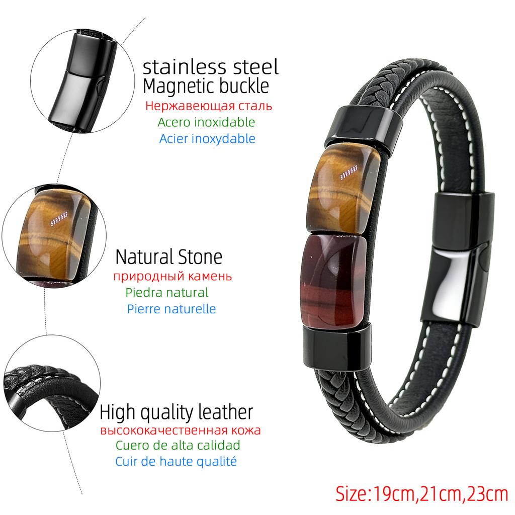 Pulsera de Cuero Trenzado con Piedra Ojo de Tigre Natural para Hombres y Mujeres Metal Negro 2026 Moda Tendencia Joyería de Lujo