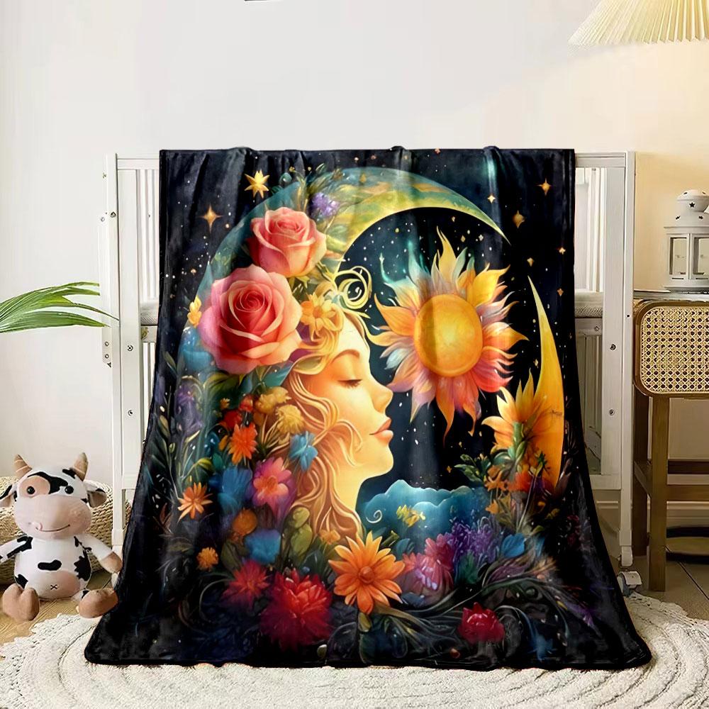 Abstract Art of Moon, Sun, and Flowers Printed Blanket, All-Season Multi-Use for Nap Camping Travel Car Sofa Luxury Gifts