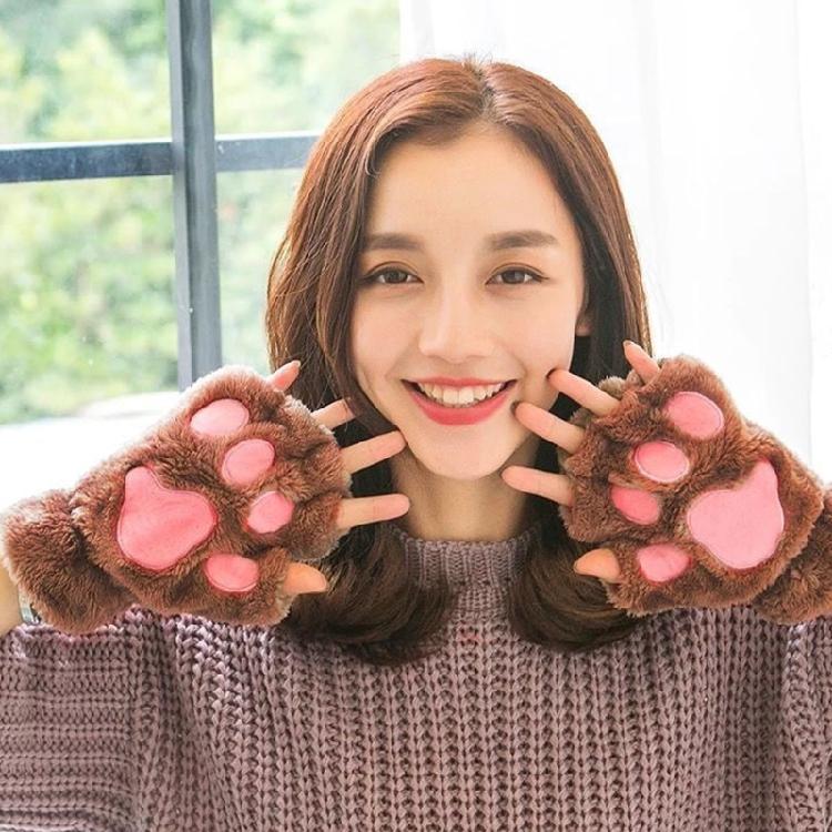 Winter Fingerless Gloves Fluffy Bear for Cat Paw Claw Half Finger Mitten Hand Wa