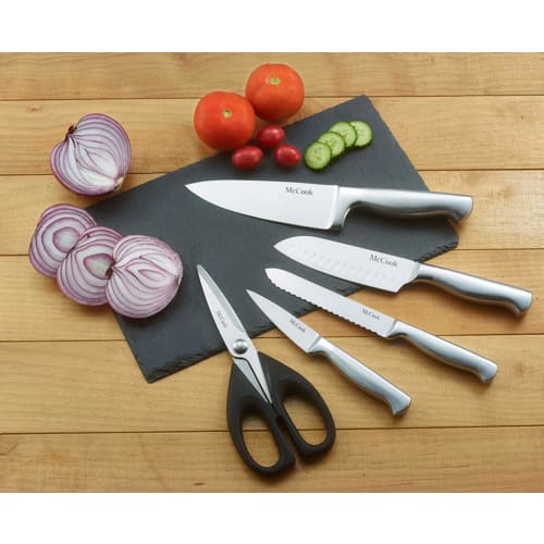 McCook 6-Piece Knife Set - Multifunctional santoku knife, gyuto knife, bread knife, paring knife, kitchen scissors, chef's knife, and vegetable knife