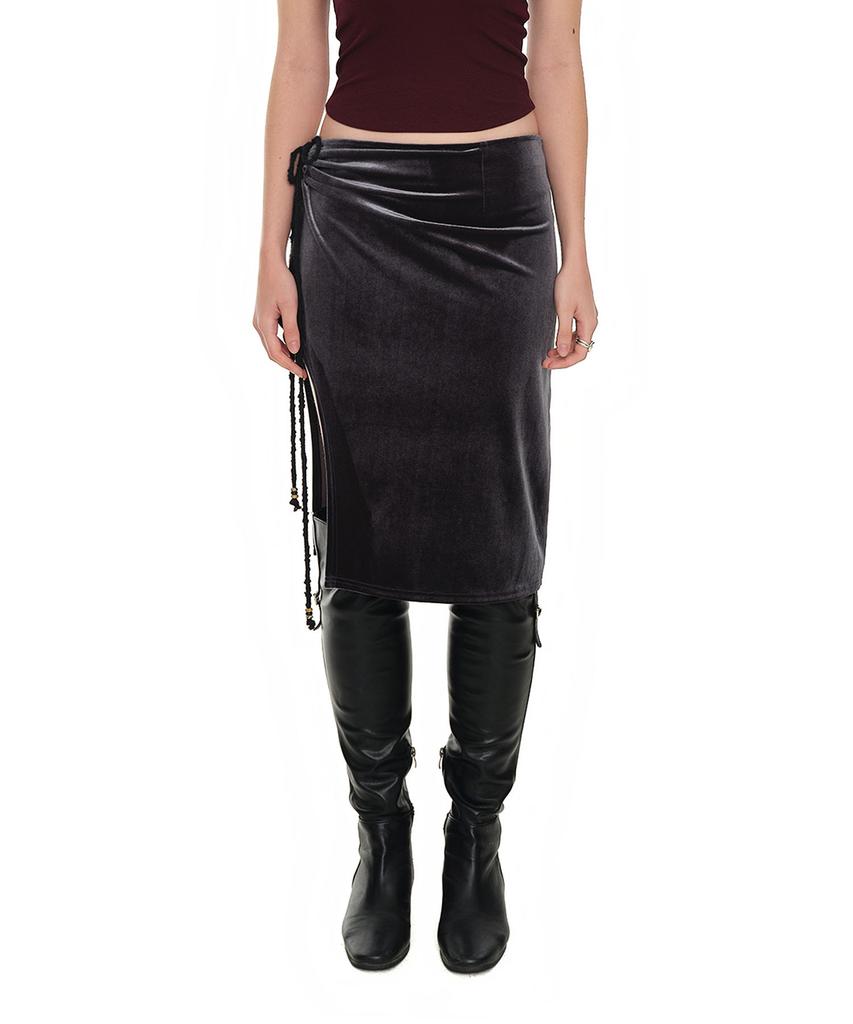 Too Much Tax Velour Midi Skirt Charcoal