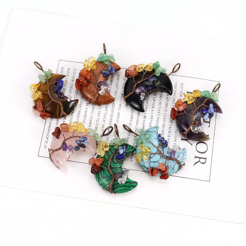 Vintage Handmade Winding Gravel Crystal Tree Of Life Natural Stone Moon Pendant N692