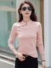 Women's Retro Korean Style Cotton Slim Fit Long Sleeve T-Shirt with Stand Collar and Diagonal Buttons 