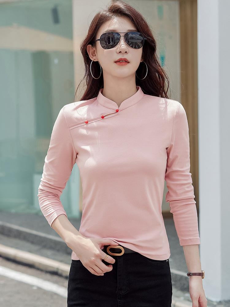 Women's Retro Korean Style Cotton Slim Fit Long Sleeve T-Shirt with Stand Collar and Diagonal Buttons