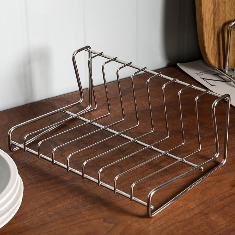 IMEEA Dish Stand, Dish Drying Rack, Plate Holder, W26×D18×H11.5cm, Plate and Pot Lid Storage Rack, Stainless Steel, 8 Compartments, Space-Saving, Silv