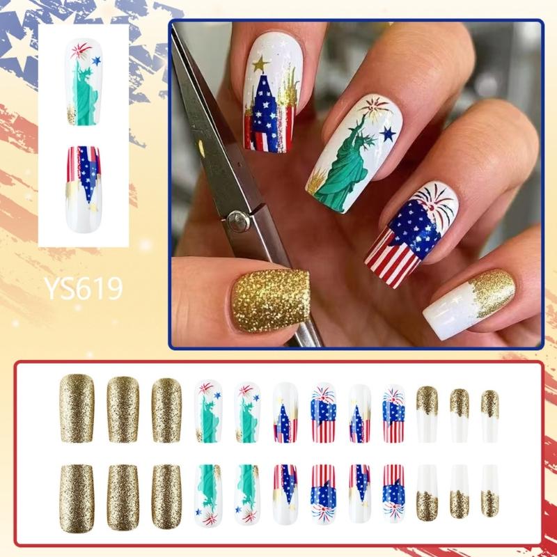 24 Pcs Independence Day False Nail Star Artificial Nail 4th of July Full Cover Stick on Nail Long Square Press On Nail