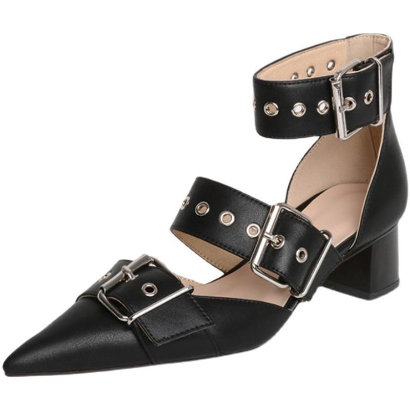 Internet Celebrity Thick Heel Bag Head Sandals Women's Roman Straps Shoes Middle Heel One Word with Rivets Pointed Shoes Hollow Single Shoes